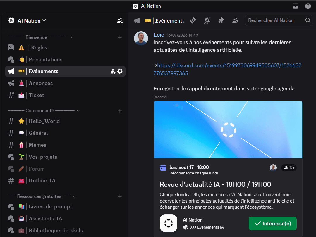 Le serveur Discord de la communauté AI Nation